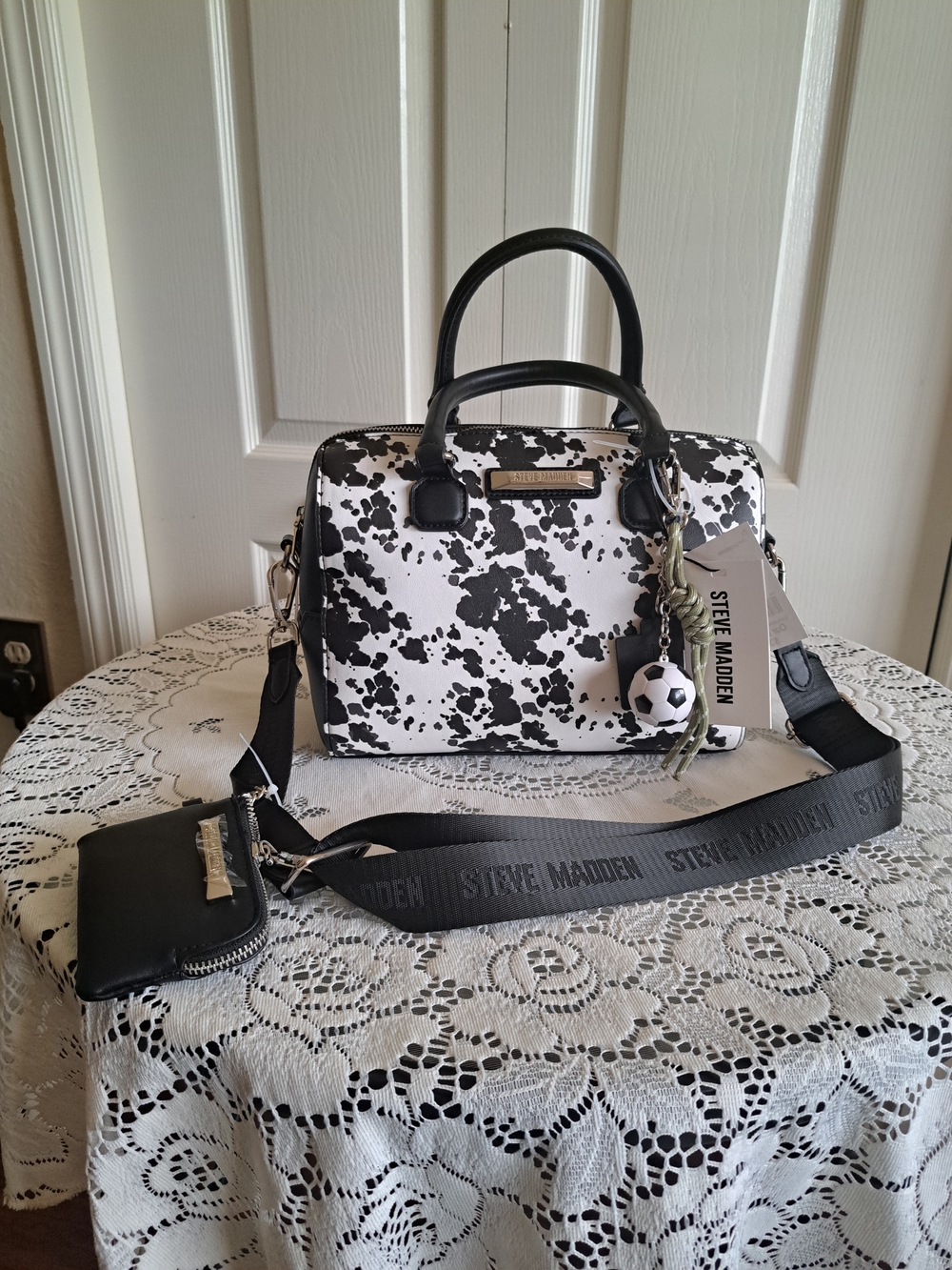 Steve Madden Black and White Cow Print Satchel with Detachable Strap